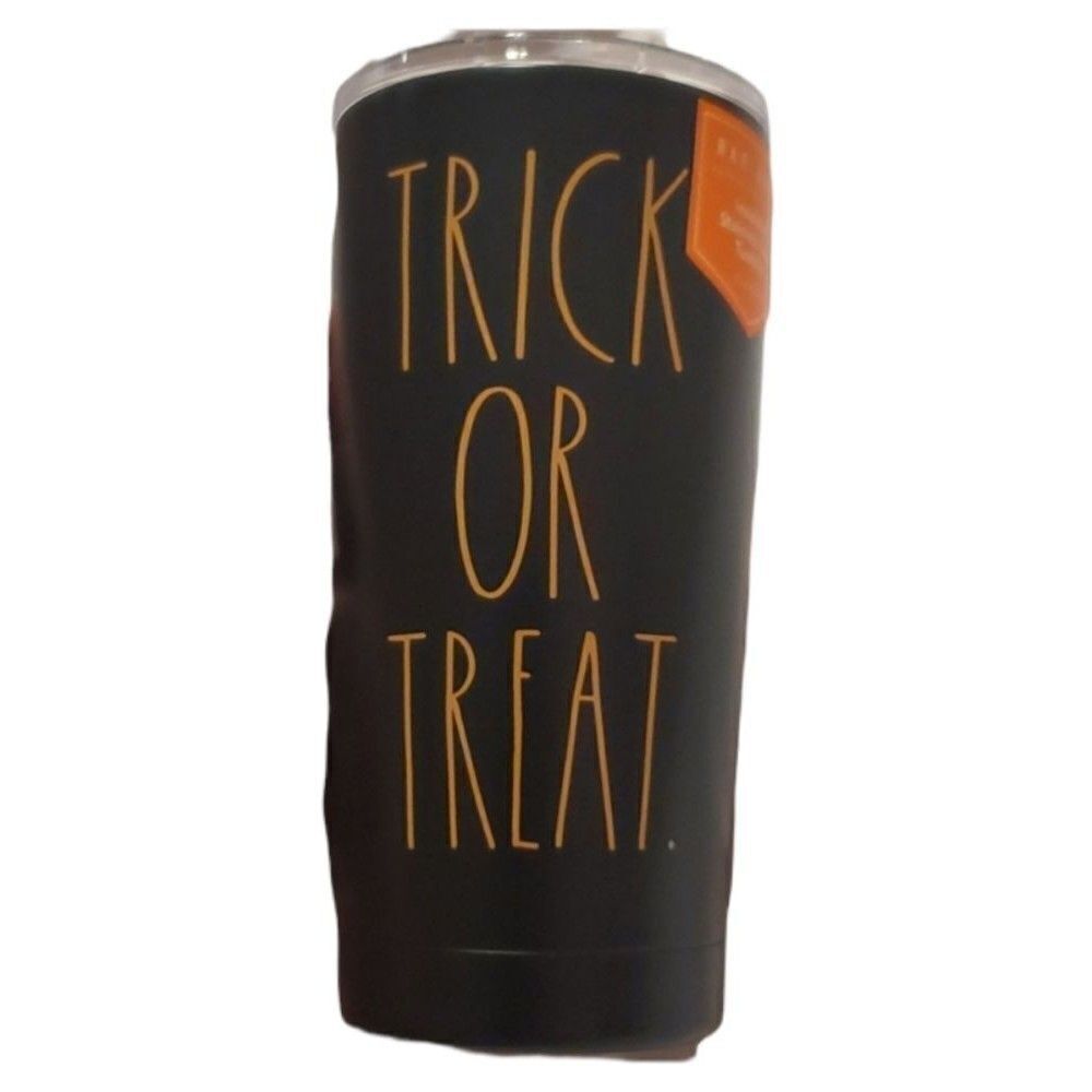 NEW Rae Dunn TRICK OR TREAT black orange Halloween tumbler cup w/ slide lid NWT